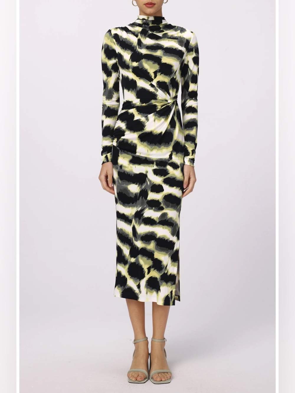 DVF Long Sleeve Twist-Waist Printed Midi Dress